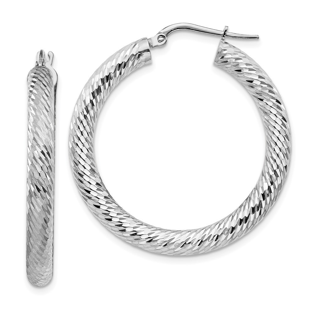 14k 4x25mm White Gold DiamondCut Round Hoop Earrings 35 L X 34 Mm W